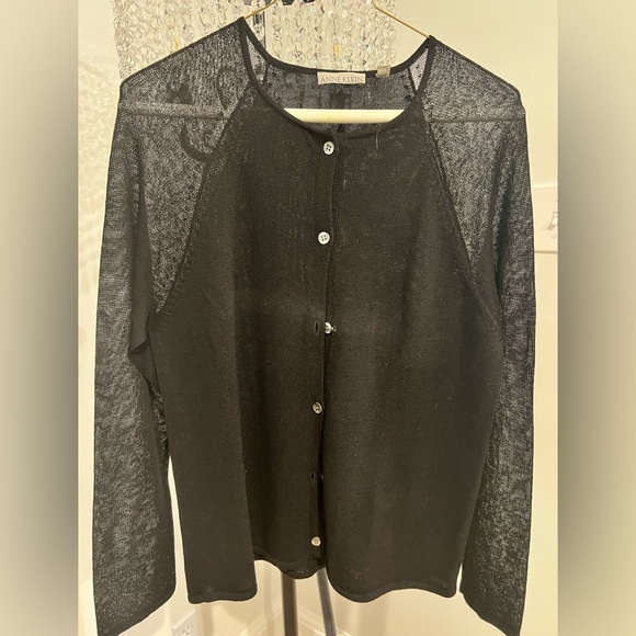 Anne Klein Black Sheer Sleeve Button-Up Cardigan l L - Picture 1 of 4